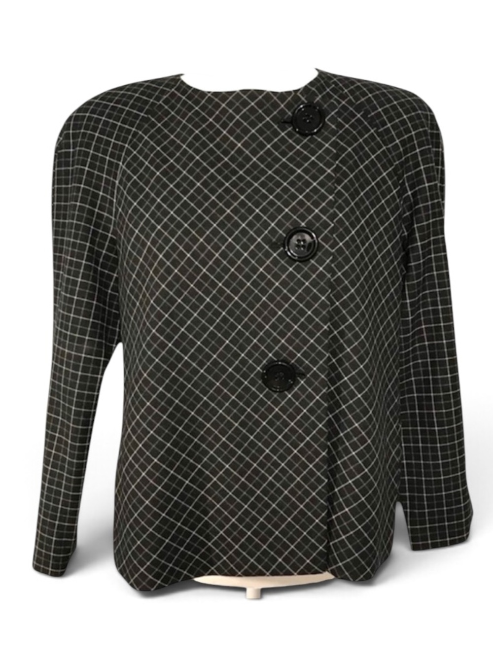 Anne Klein Checkered Wool Blazer with Asymmetrical Button Size 10